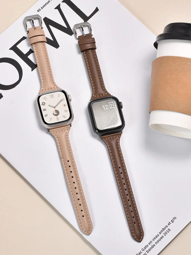 Slim Leather Strap For Apple Watch Band Ultra 3 41mm 40mm 49mm 38mm 42mm 44mm Bracelet loop watch 8 45mm 11 10 46mm 9/7/se/3/4 6