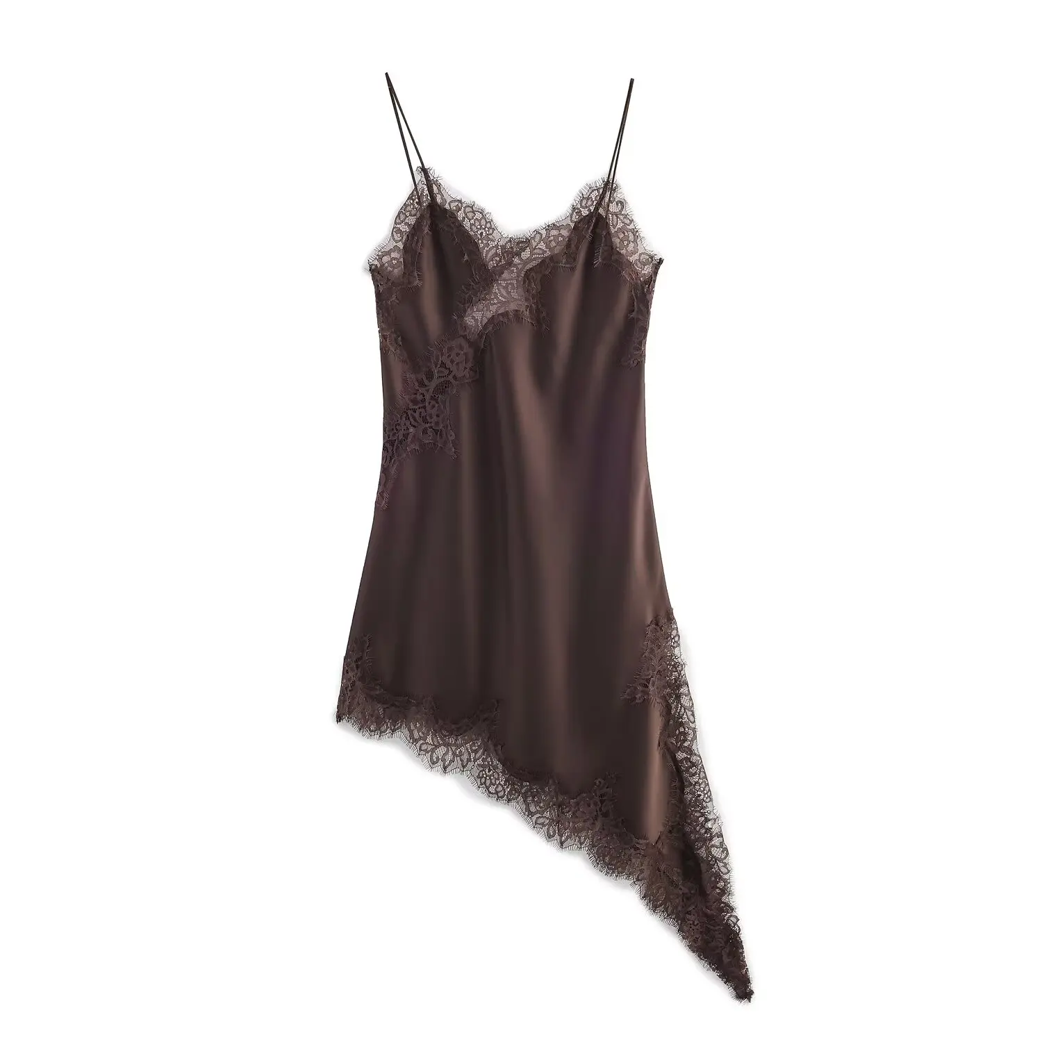 Koronkowa asymetryczna bluzka z satynowym wykończeniem, cienkie ramiączka, damska moda transgraniczna, włókno poliestrowe.