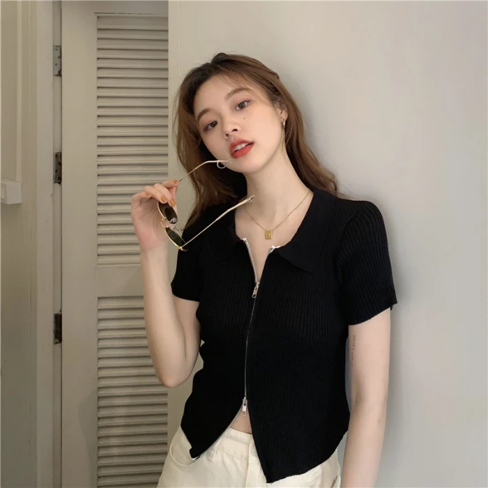 Elegant Ice Silk Knitted Zipper Slim Fit T-Shirt Thin Summer New Arrival Women's Fashion Guangzhou Thirteenth Factory Outlet