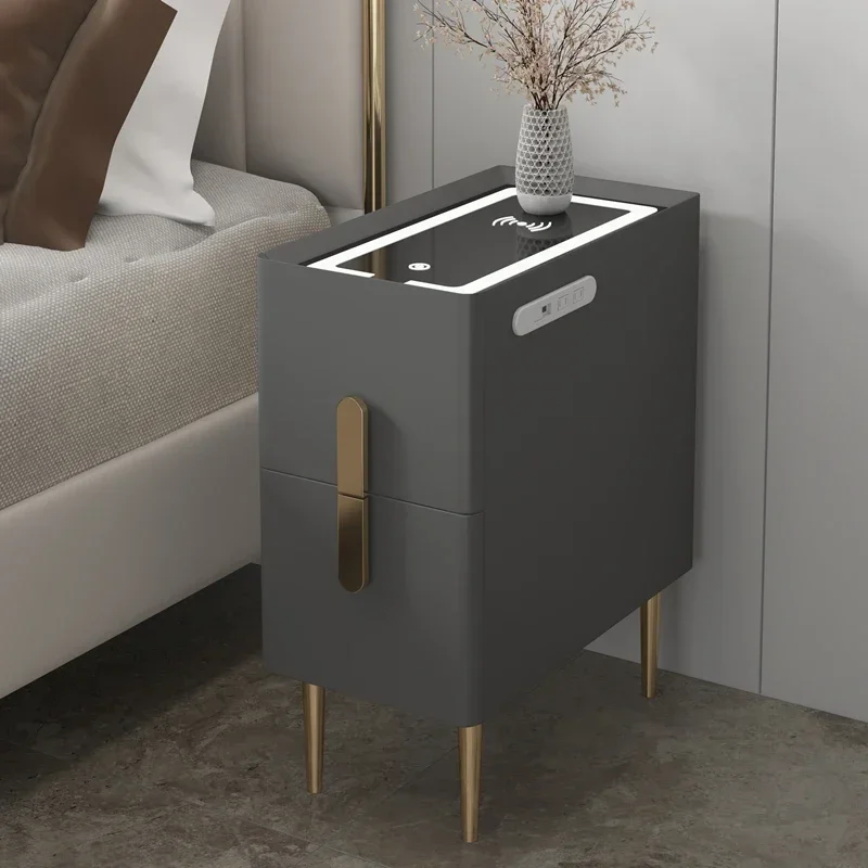 Mesita de noche de estilo nórdico para dormitorio, mesita de noche moderna con superficie de roca estrecha, 2 cajones, de madera