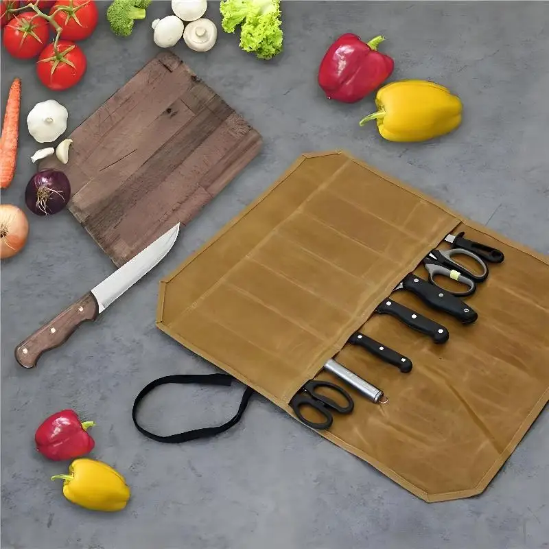 Waxed Canvas Chef Knife Roll Multiple Storage Slots Durable Construction Knife Bag Portable Kitchen Knife Holder Outdoor Camping