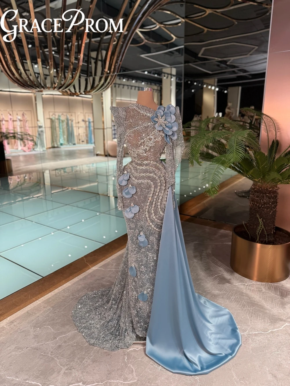 ชุดราตรีสีฟ้าคริสตัลหรูหรา ประดับดอกไม้ 3 มิติ ทรงตรง สำหรับงานแต่งงาน งานเลี้ยง ออกแบบได้ตามต้องการ ชุดราตรีงานพรอมสุดอลังการ