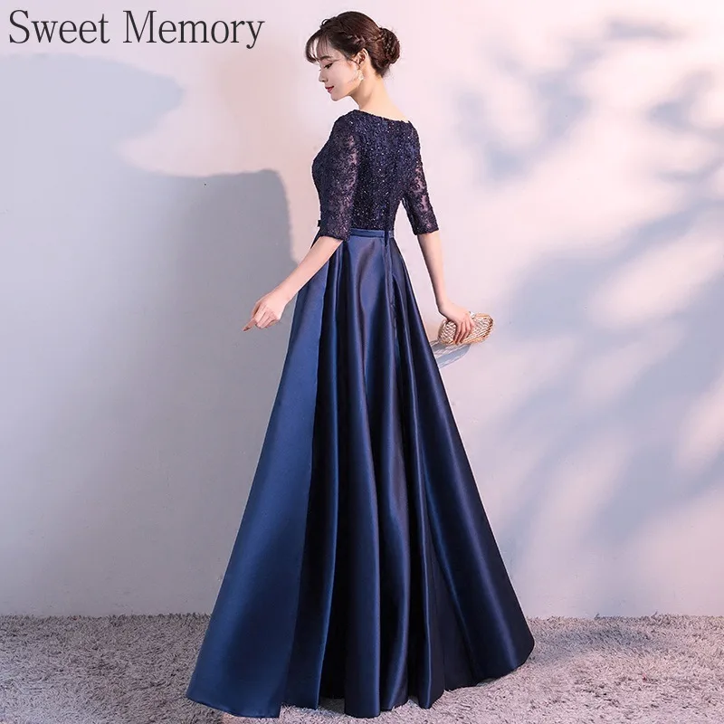 D495 Customize Navy Blue Evening Dress Elegant A Line Satin Lace Sweet Memory Women Formal Wedding Guest Dresses Prom Party Gown