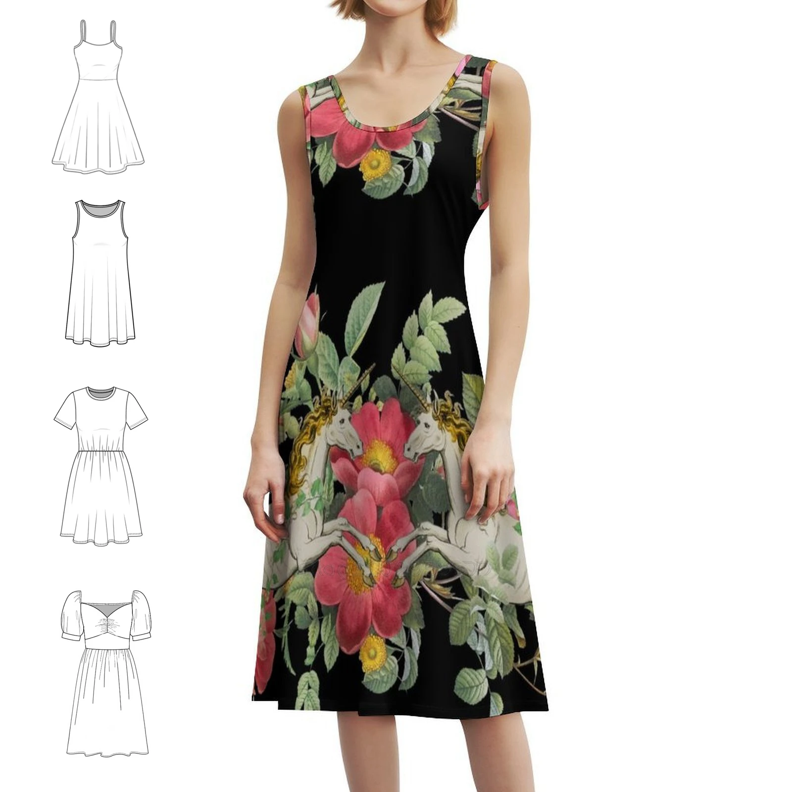 

Милое два белых единорога с винтажными розами, богемное платье без рукавов с несколькими принтами, пляжное праздничное платье для отдыха, два винтажных платья