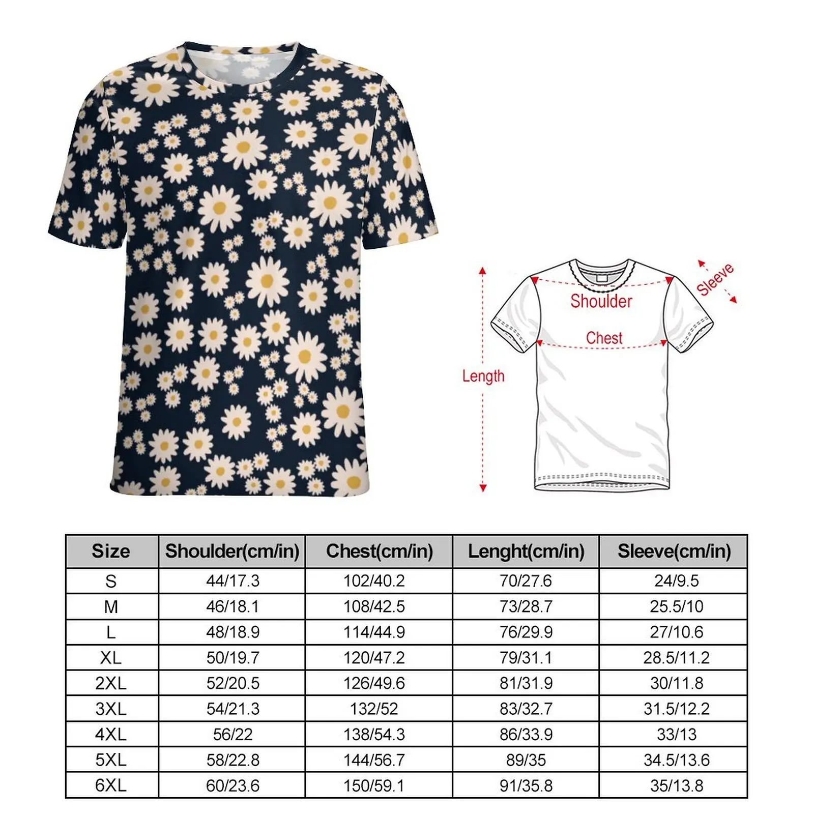 Oversized T-Shirt Original White Daisy T-Shirts Cute Floral Print Funny Crew Neck Tee Shirt Man Novelty Custom Top Tees