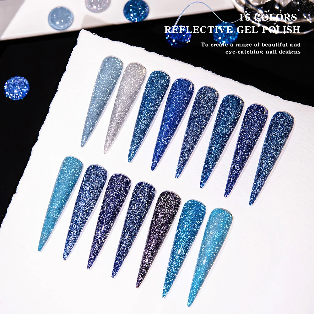 Vendeeni TPO HEMA FREE 15 colori/set Blu Glitter Diamante spezzato Gel Smalto per unghie Flash UV LED Soak Off Gel Smalto con display
