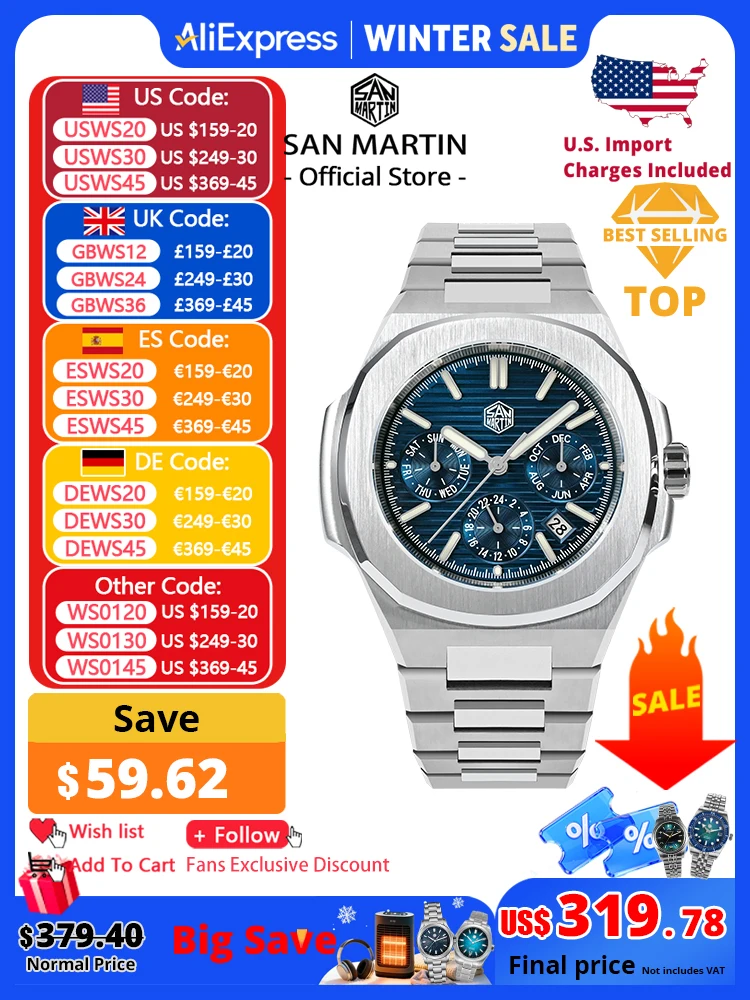 

San Martin 43mm Miyota 9120 Multi-function Men Luxury Dress Watch Waffle Texture Dial Business Automatic Mechanical 10Bar BGW-9