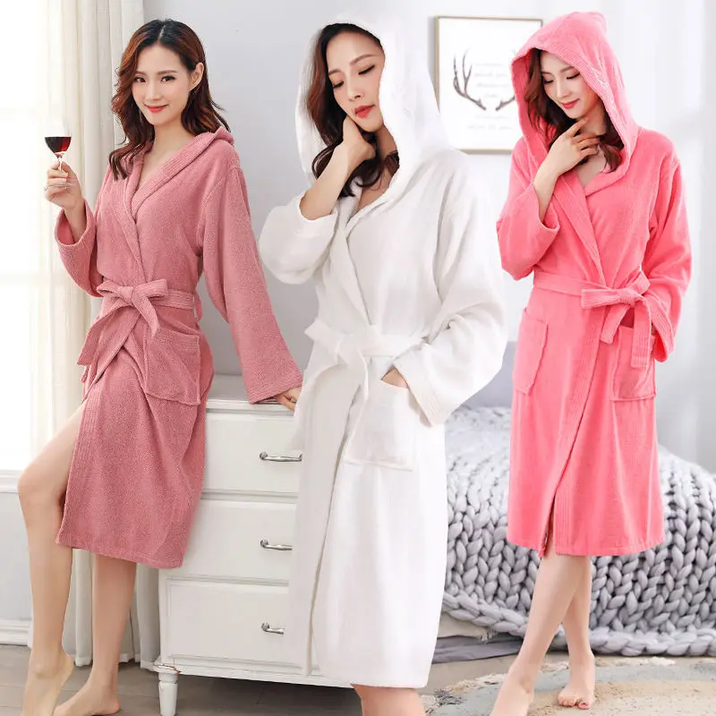 

Winter Bathrobe Women Flannel Hooded Cotton Bath Robes for Women Warm Long Pajamas Sleepwear Plush Bath Robe Female Nightgown