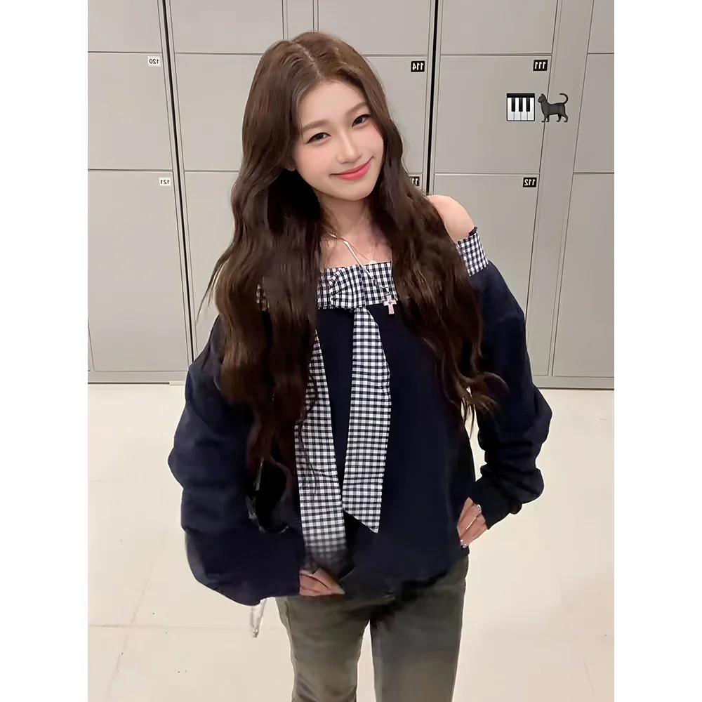 

Свободный женский свитшот с длинными рукавами в корейском стиле, в клетку, с узлом, на одно плечо, повседневный, для осени