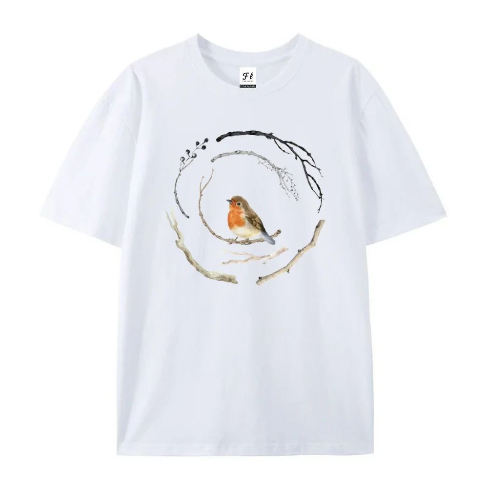 Women T Shirt Watercolor Robin Bird Twisted Branch Graphic Tee Casual Nature Lover Short Sleeve Summer Female Tops