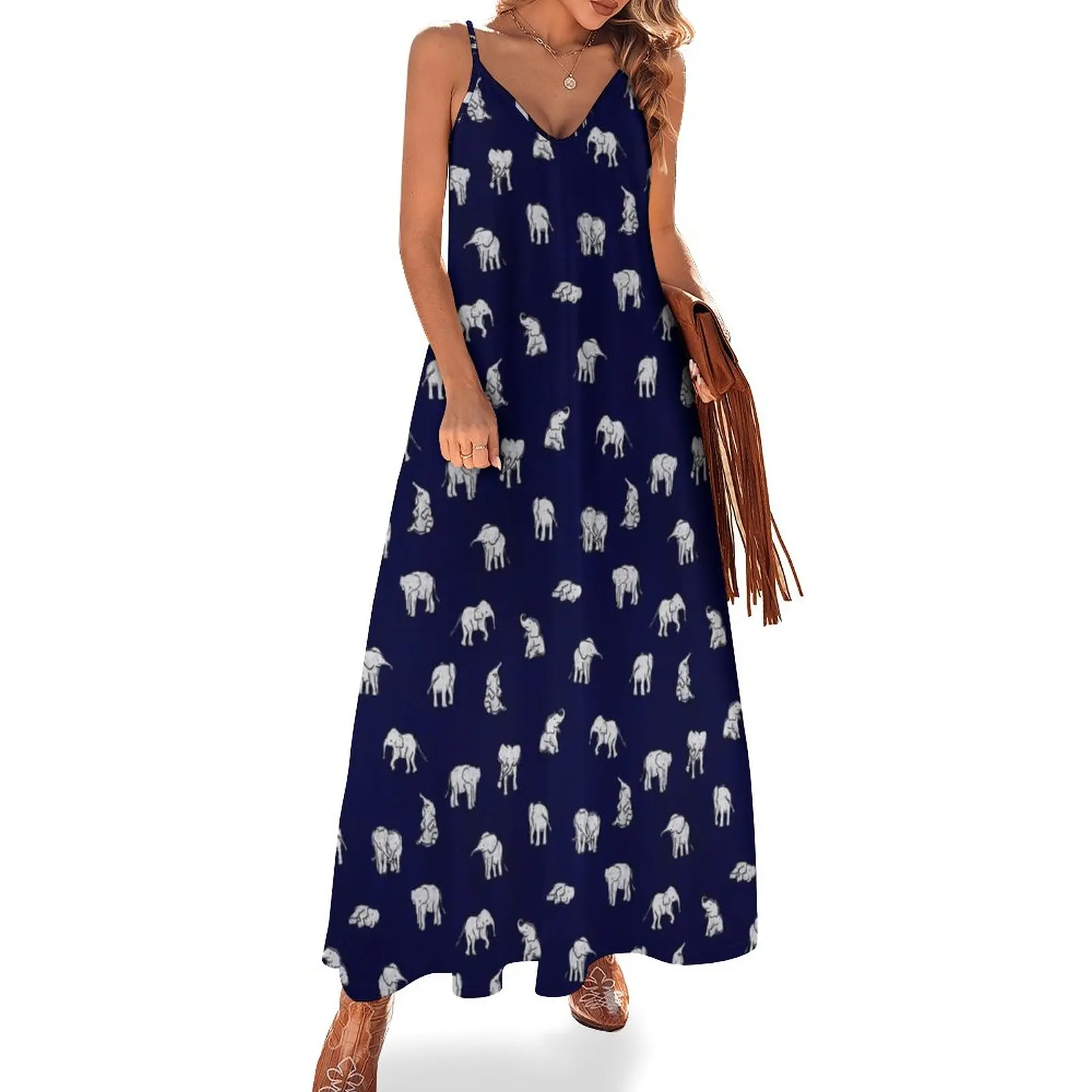 

Indian Baby Elephants in Navy Blue Sleeveless Dress loose women's dress Woman clothing Bride dresses