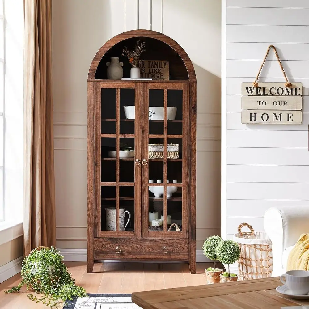 

armhouse Arched Cabinet with Glass Do, Wood Display Cabinet with Der and Adjustable Shelves, 71” Tall Bookshel ern Storage Kitch