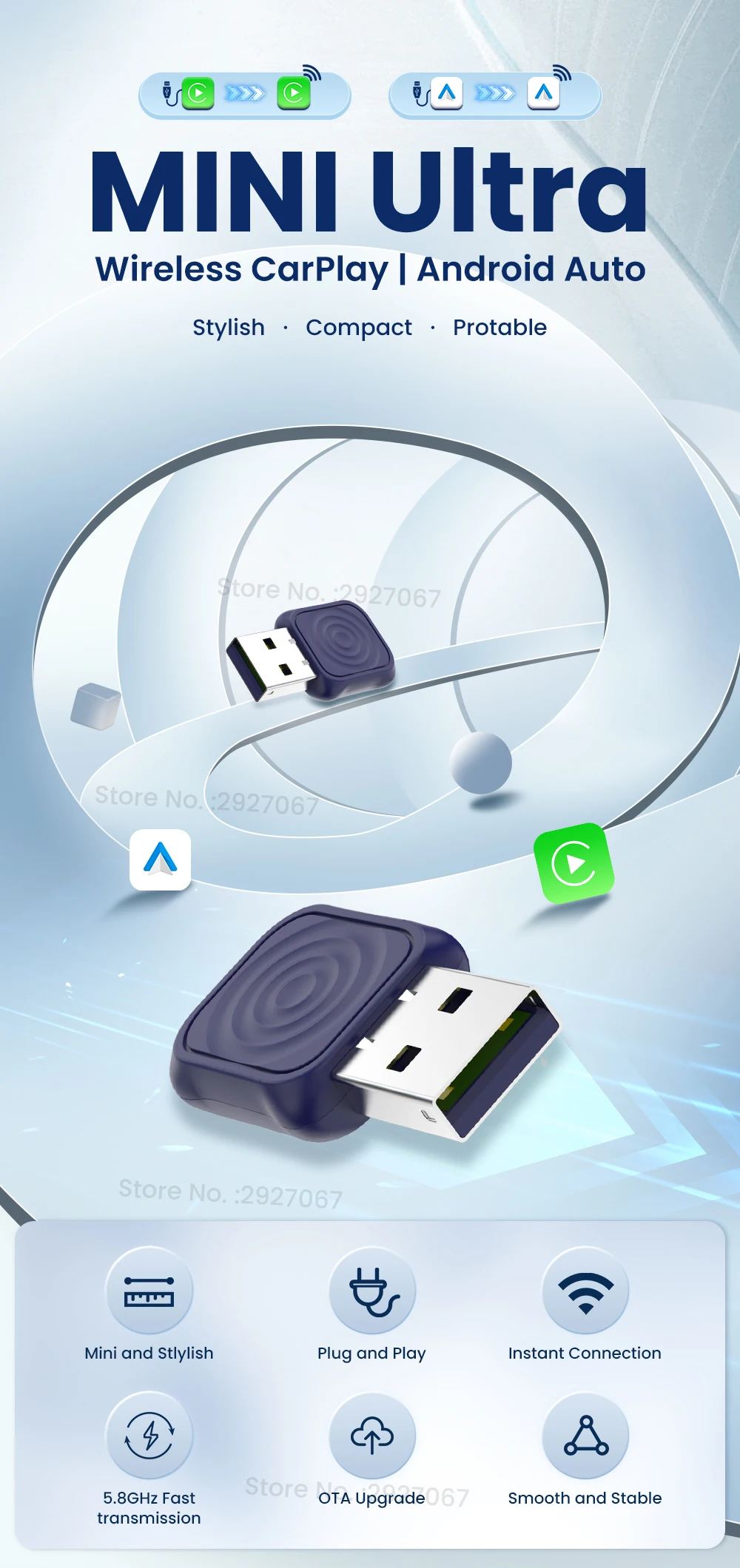 Adaptateur CarPlay & Android Auto Sans Fil – USB-A/USB-C – Connexion Auto – Plug & Play – Compatible IPhone & Android