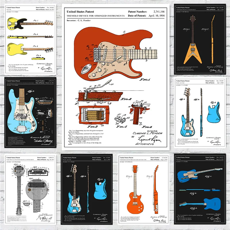 Музыкальный инструмент Bass Stratocaster, цветная гитара, патентный плакат, принт, настенные художественные фотографии, холст, картина, домашний декор для комнаты