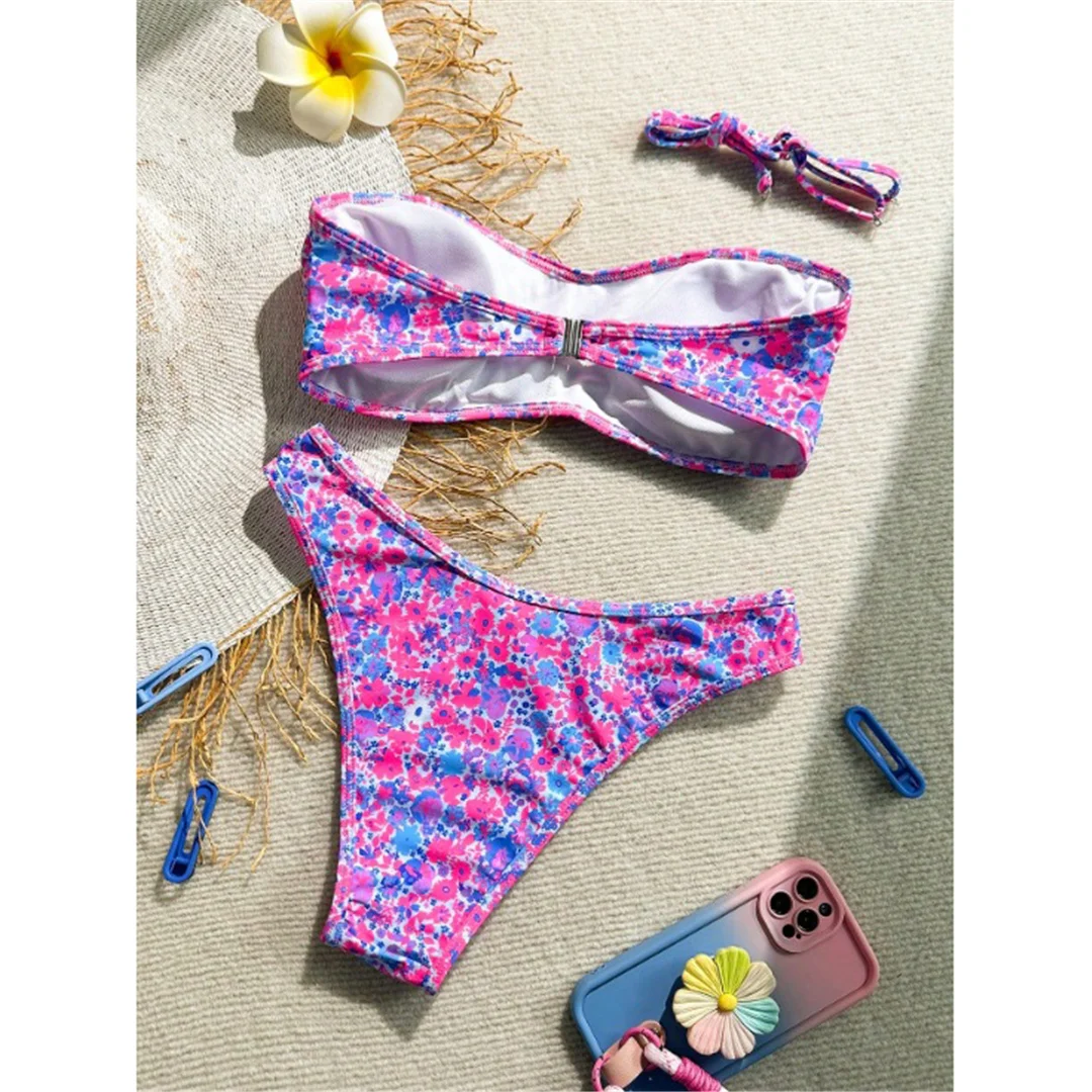 XS - XL Bedruckter Blumen-Bandeau-Bikini, Damen-Badeanzug, zweiteiliges Bikini-Set, Damen-Badebekleidung, Badeanzug, Badebekleidung, Schwimmbekleidung V693 – Detail 12