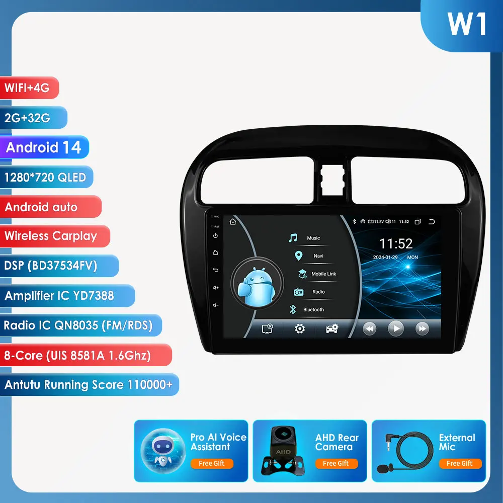Hizpo Autoradio Carplay 4G AI Systemen Android Autoradio voor Mitsubishi Mirage/Space Star 2012-2023 multimedia Video Player GPS
