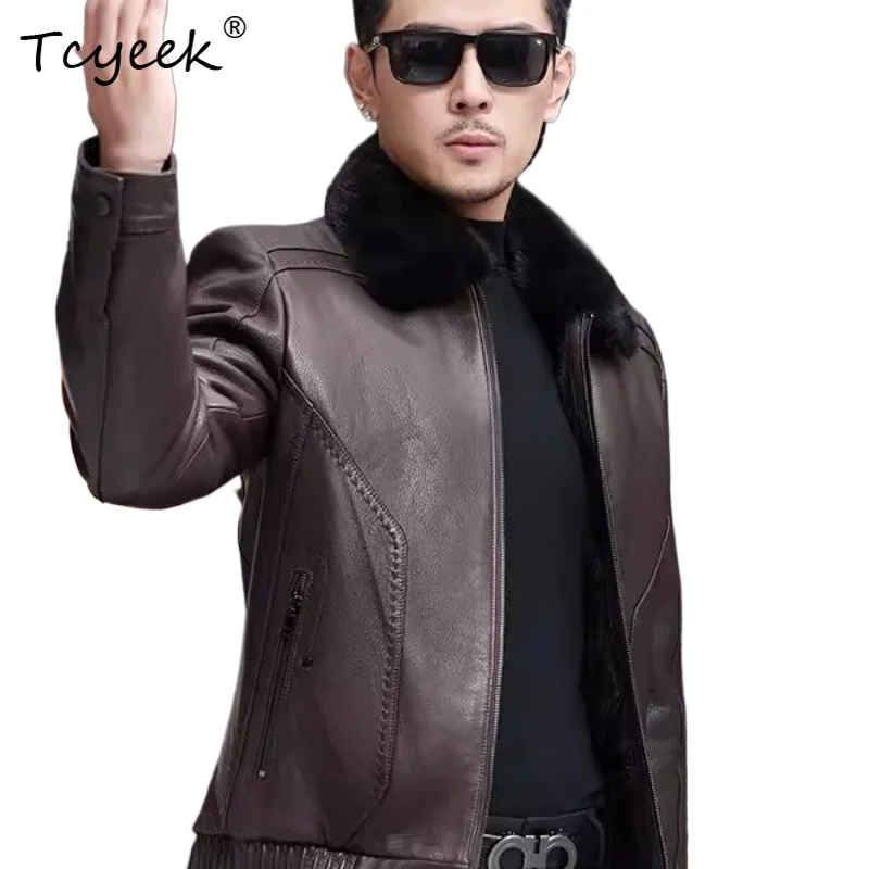 

Tcyeek Настоящая козящая кожа Осень Зима Высококачественная модная короткая мужская куртка с лацканами Куртка Кожаная Мужская 가죽 자켓