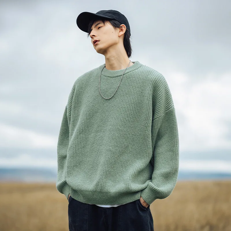 

Solid Color Round Neck Sweater Men's Autumn and Winter New Couple's Retro Loose Heavy Knit Sweater