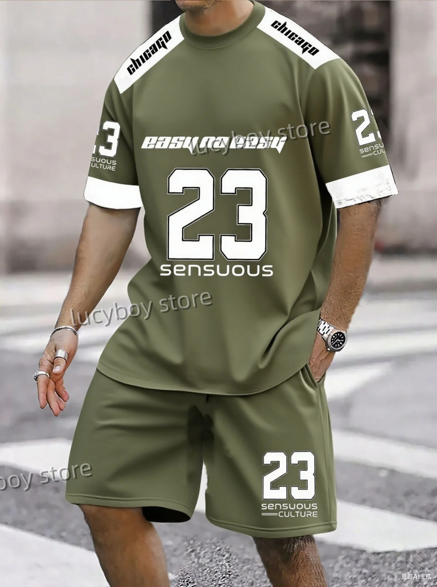 Summer Men EASY TO EASY 23 Print Set Short Sleeve T-Shirt Shorts Set Adult Sport Jogging Plus Size Tracksuit 2 Piece Set