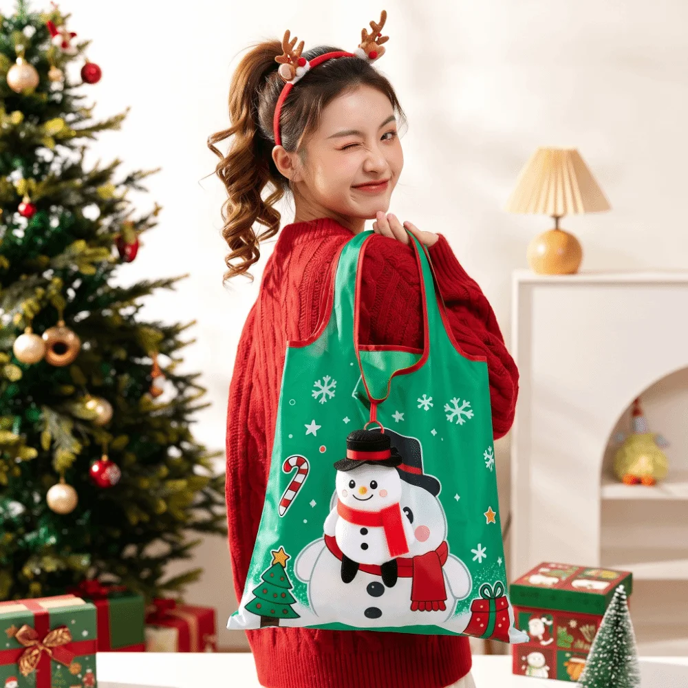 Colorful Christmas Grocery Tote Mini Tear-Resistant 2-in-1 Bag Charm Pouch Space-Saving Ultra-Lightweight Foldable Shopping Bag
