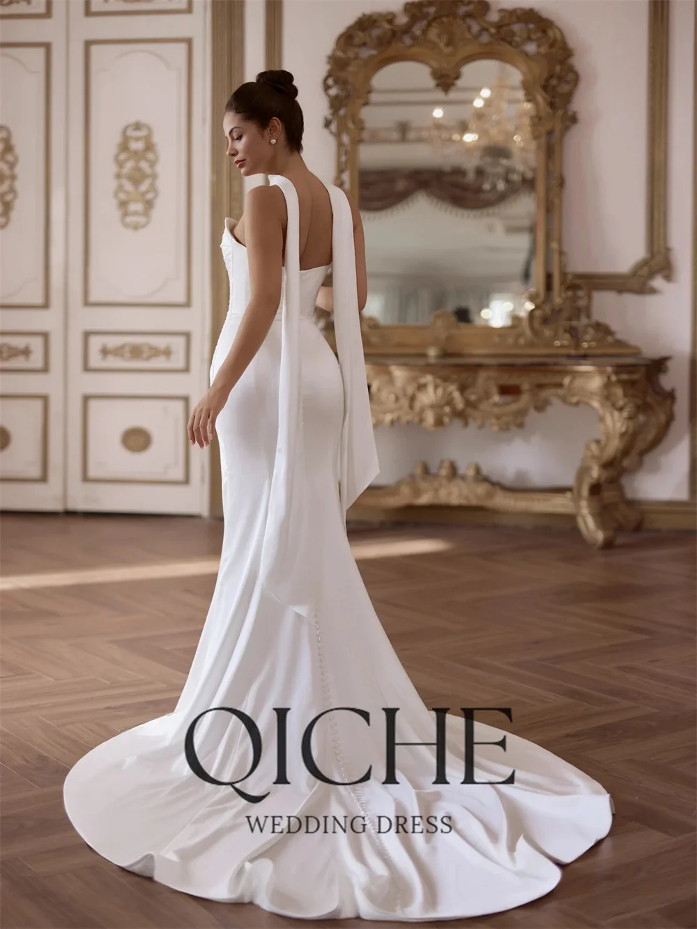 QICHE Elegant Pleat Mermaid Wedding Dress V-Neck Sleeveless Open Back High Slit Civil Bridal Gowns Customized Vestidos De Novia