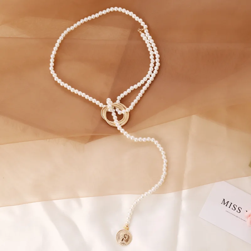 2022 New Women\'s Long Pearl Beads Strand Necklace Lady Punk Round Alloy Jewelry Accessories Fashion Unique Neck Decoration