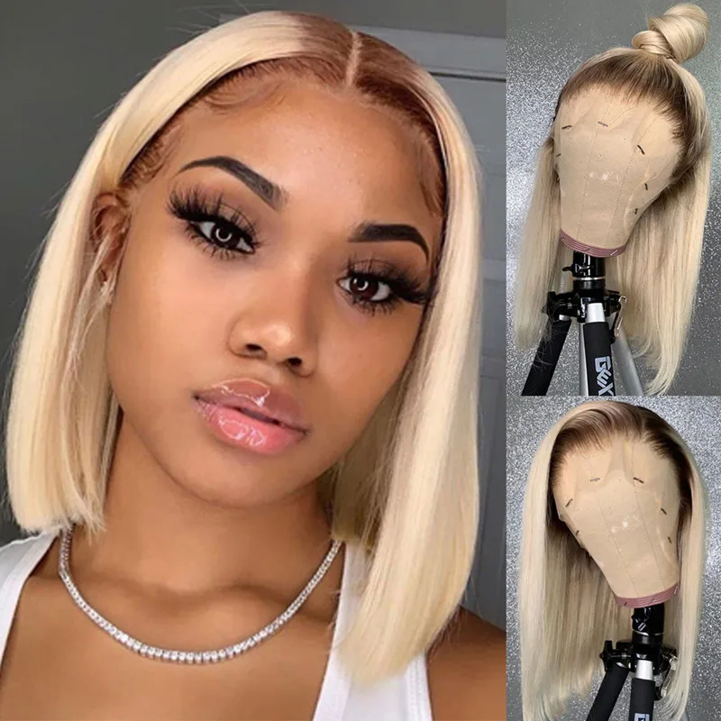 

180Density Short Bob Soft Long Ombre Blonde 613 Straight Lace Front Wig For Black Women With Baby Hair Glueless Natural Hairline