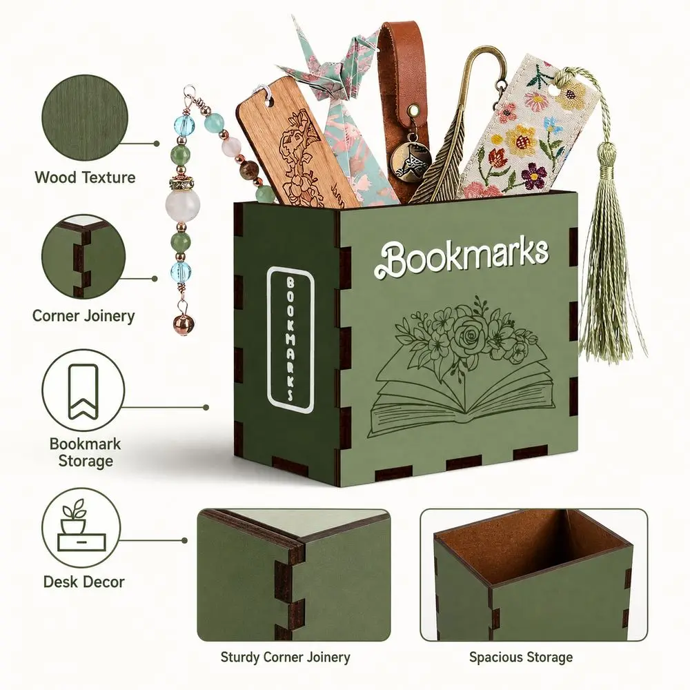 Wood Bookmark Storage Box Printed Pattern Book Shaped Desktop Organizer Box Compact Desktop Storage Box Home Office Decor