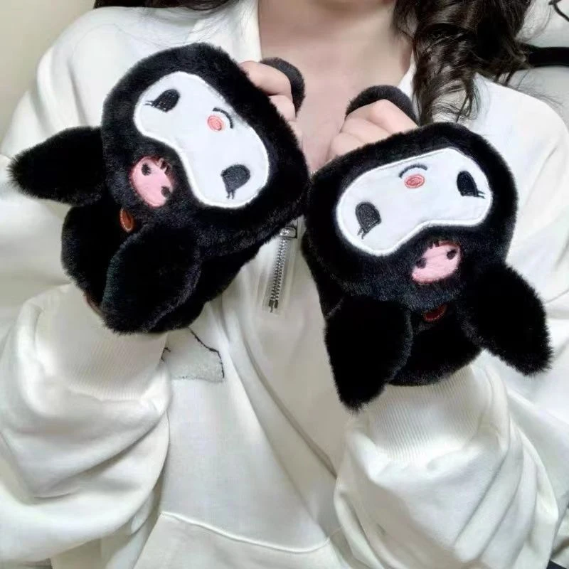 Sanrioed Kuromi guantes de felpa con tapa para mujer, dibujos animados de Anime Kawaii, nuevo invierno, chica, estudiante, grueso, cálido, suave, regalo de Festival