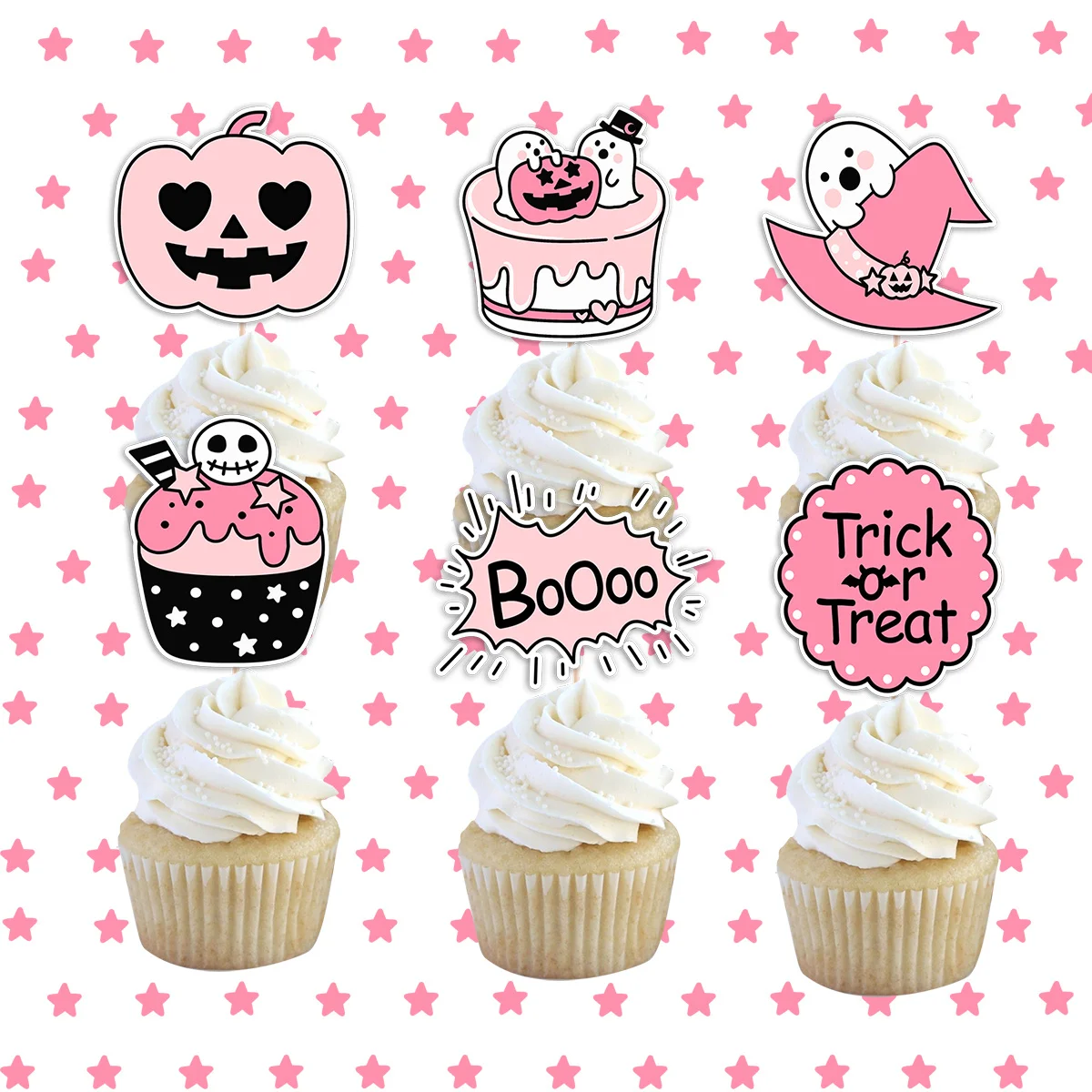18 Stück rosa Kürbis-Geist-Cupcake-Topper, niedliche Halloween-Kuchenaufsätze für Süßes oder Saures, Party-Dekoration, Zuhause, DIY, Partyzubehör