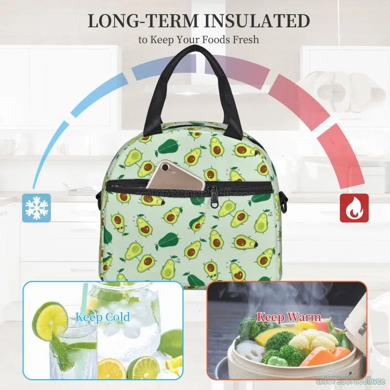 Sac à lunch isotherme imprimé avocat pour femme, sac fourre-tout à bento isotherme mignon, boîte à lunch thermique pour l'école, le travail, le voyage, le pique-nique