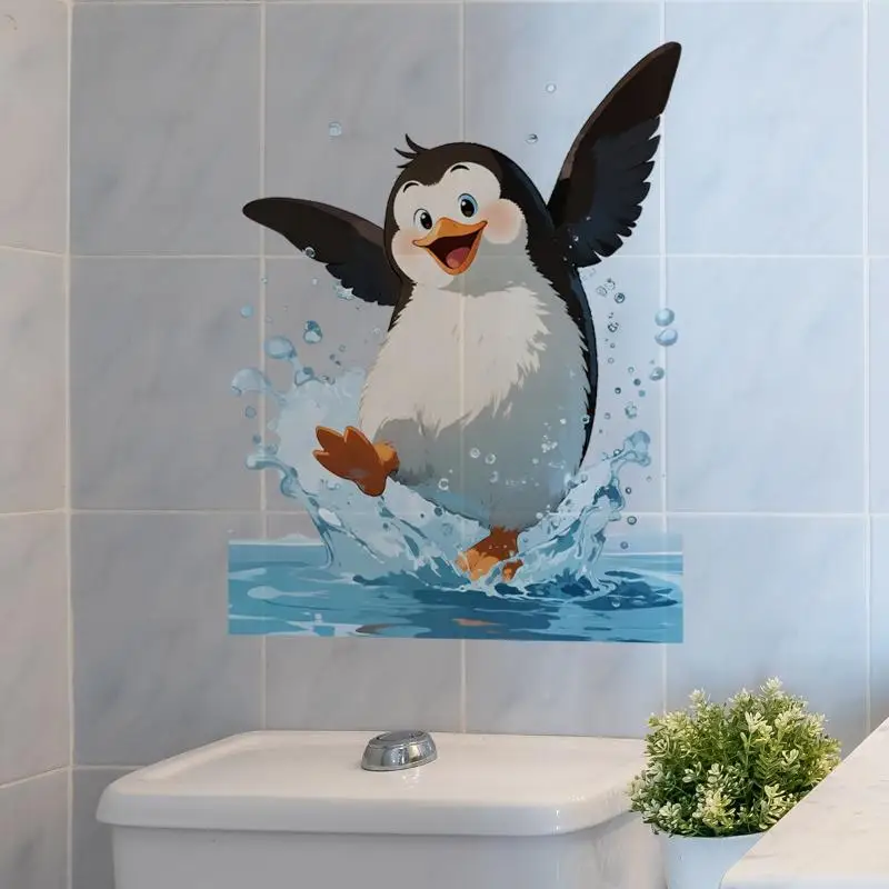 Cute Water Play Penguin Pattern Decorative Toilet Stickers,Suitable For Toilet Lid,Glass,Cabinets,Bathroom And Other Decorative