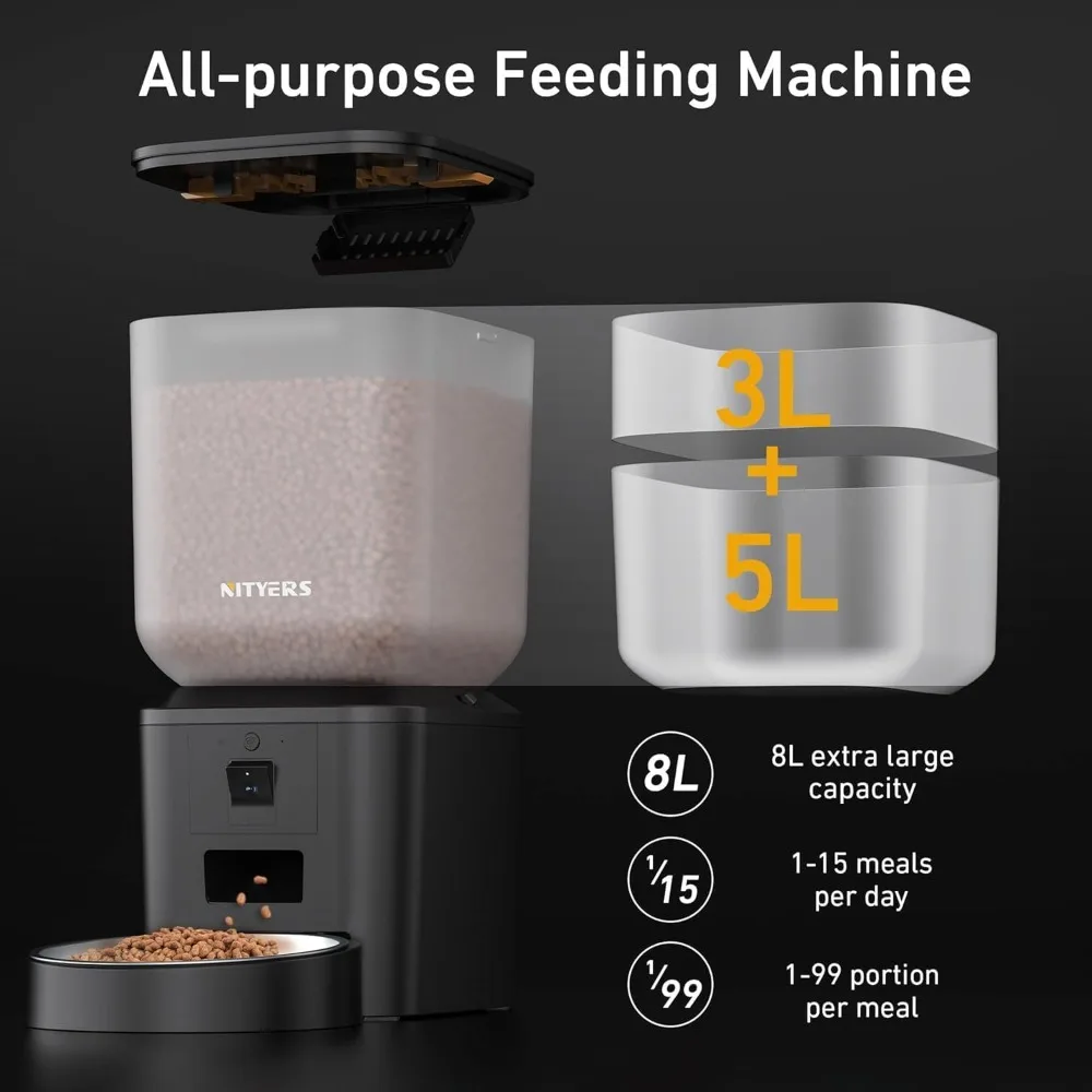 Comedero Automático para Mascotas con Cámara, Envío desde EE. UU., 8L, 1080P, Visión Nocturna, WiFi 2.4/5G, Audio Bidireccional, Dispensador de Comida Programable para Perros