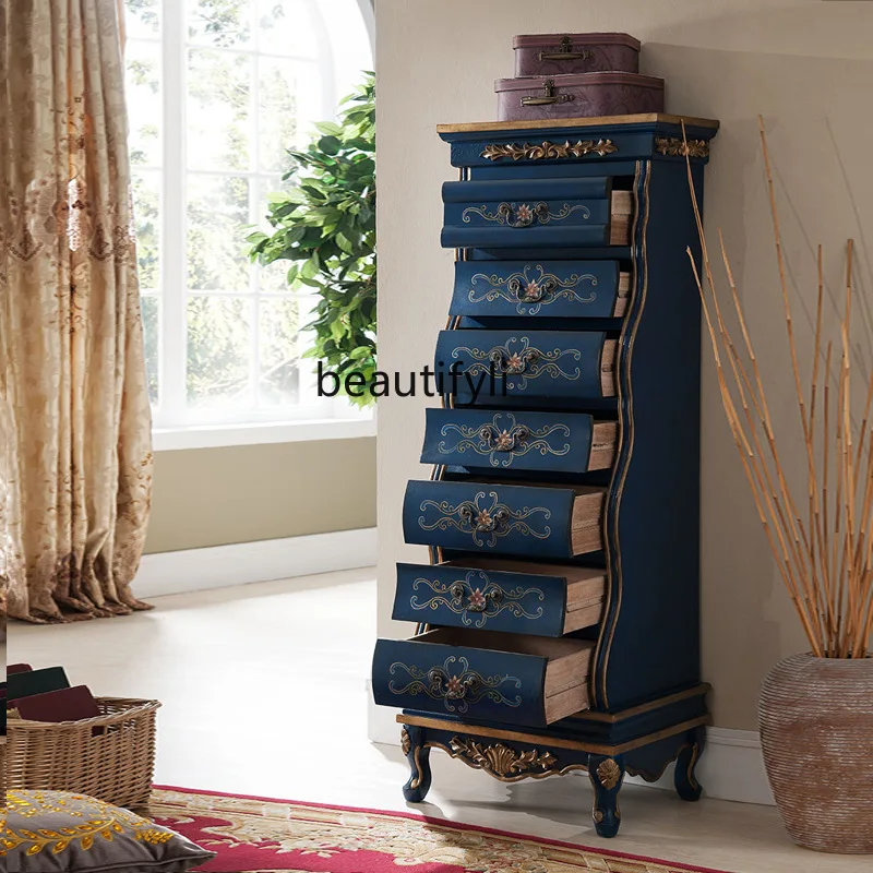 Blue Seven-Drawer Vintage Carved Storage Cabinet for Living Room and Bedroom Decoration