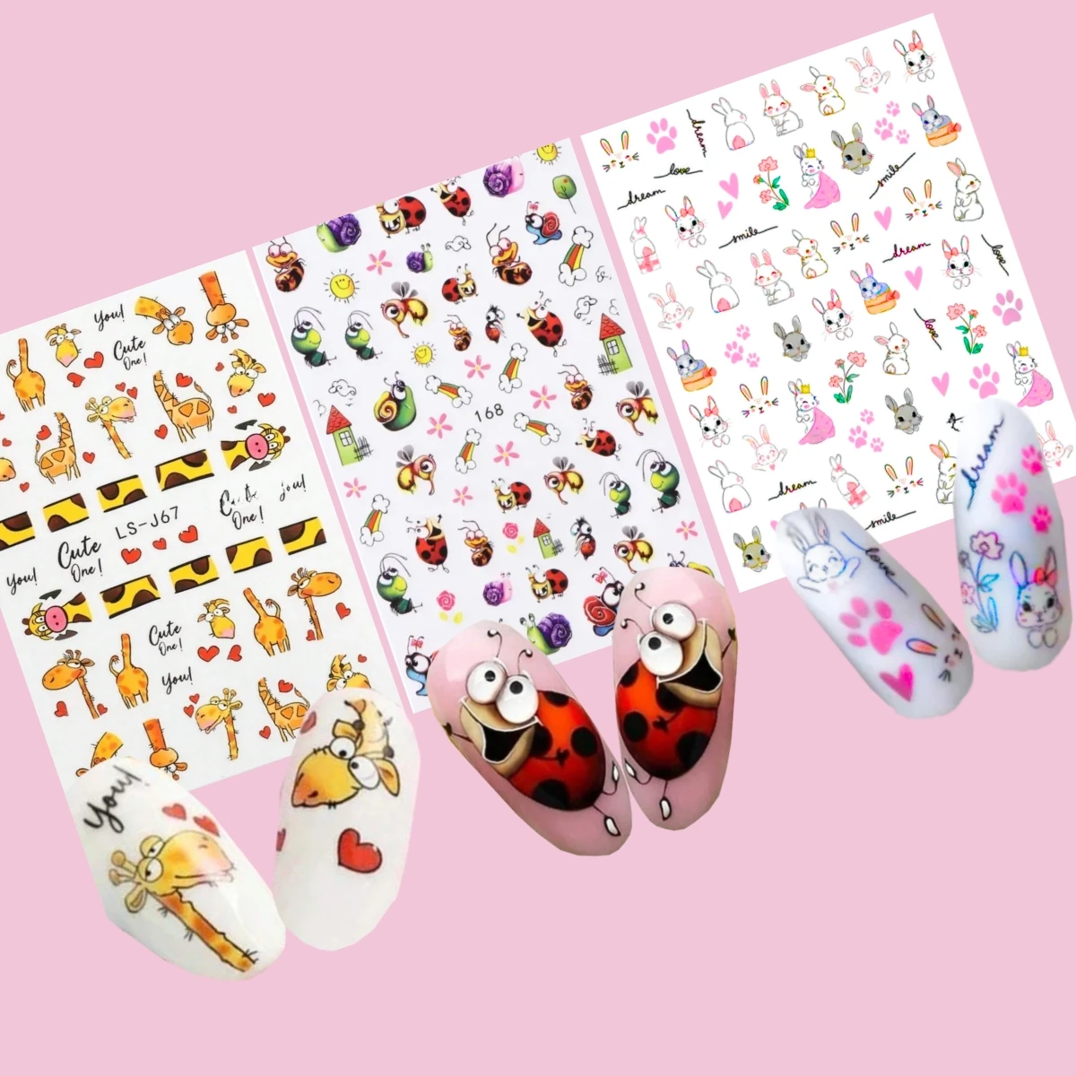 3-piece set of shiny animal nail stickers - DIY handmade manicure with cute rabbit, giraffe, and ladybug patterns