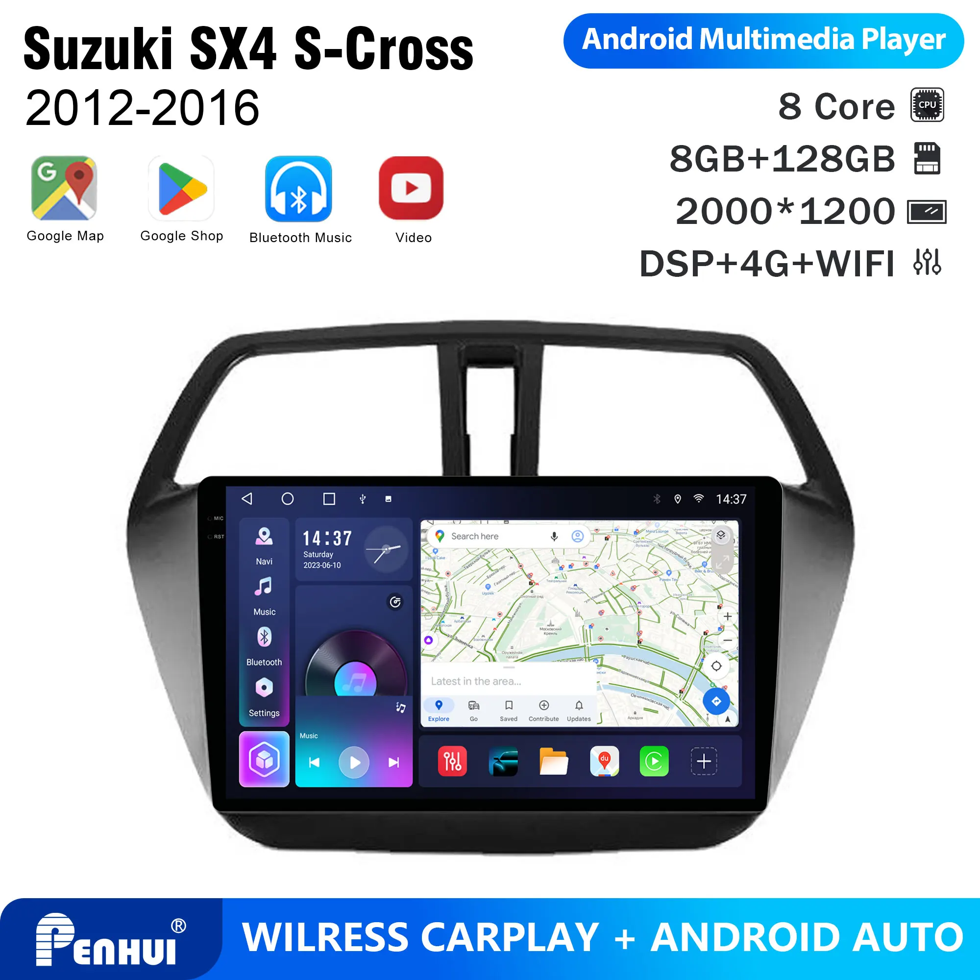 Penhui for Suzuki SX4 S-Cross 2012-2016 Android Car DVD Multimedia Player Screen Audio Video 2 Din DSP Bluetooth CarPlay Radio