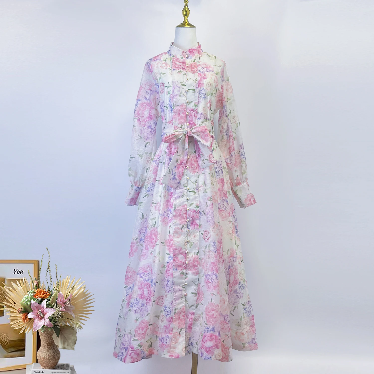 

2025 Spring Summer Gorgeous Pink Flower Long Dresses Women's Stand Lantern Sleeve Single Breasted Belt Lace Up A Line Vestidos