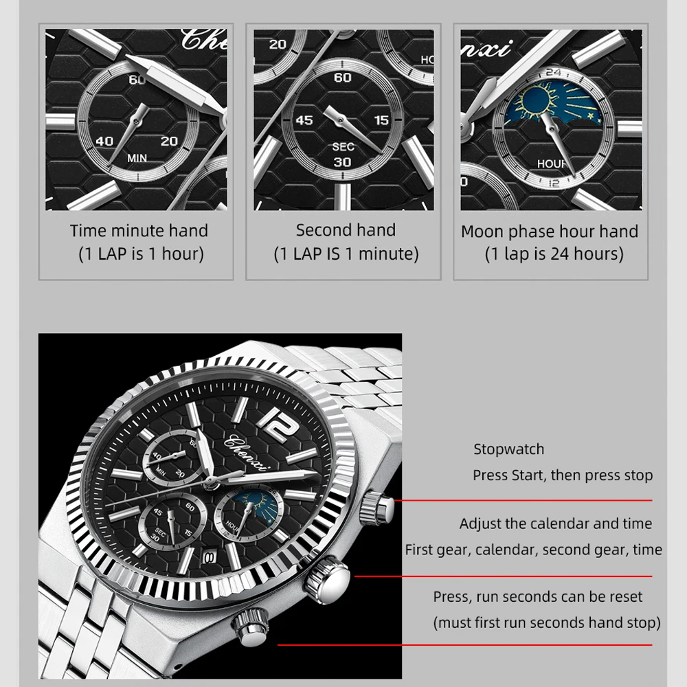 ساعة كوارتز رجالية أصلية من CHENXI مقاومة للماء كرونوغراف للأعمال للرجال، ساعة يد مضيئة بحزام فولاذي أنيق للرجال