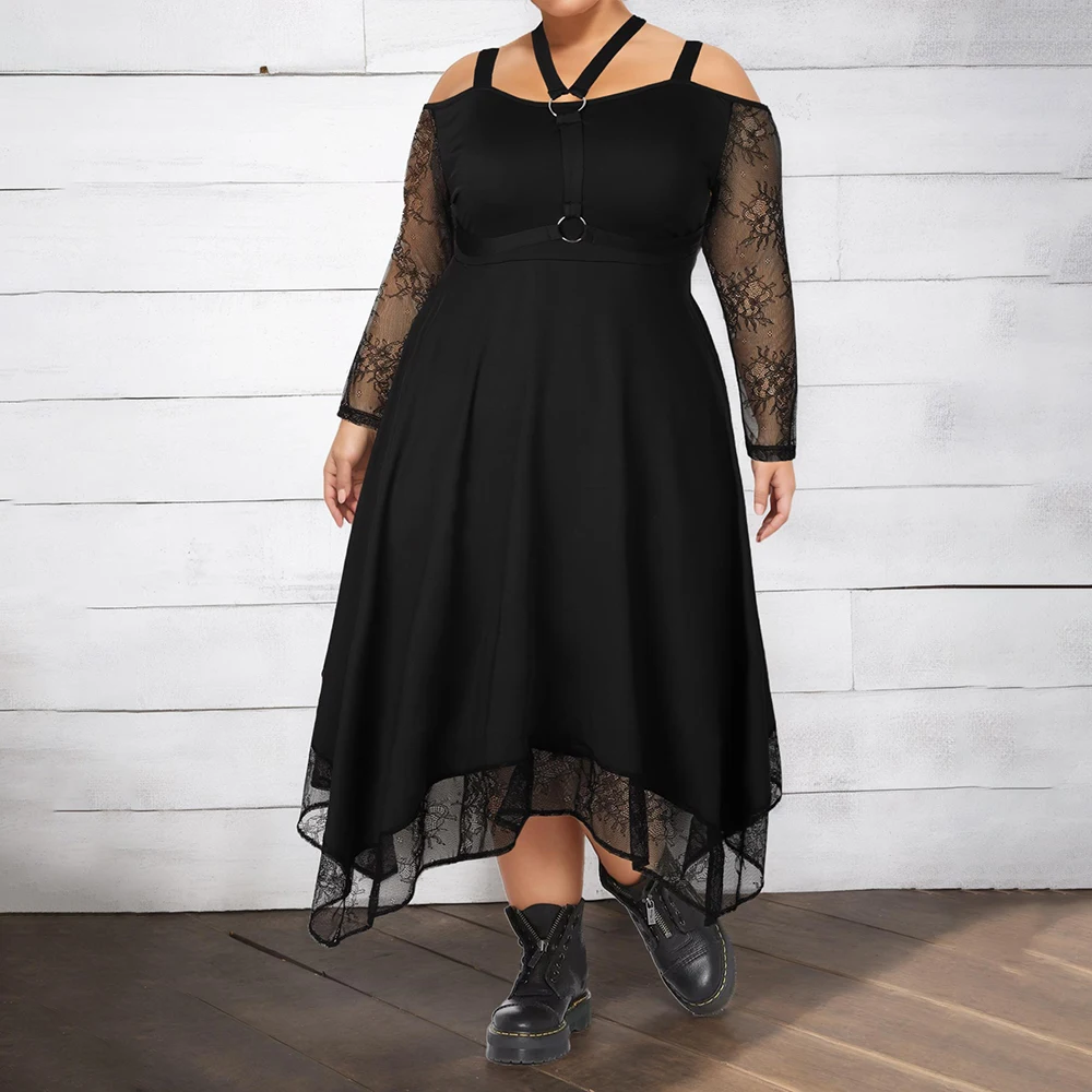 Plus Size Damska sukienka gotycka Jesienna elegancka koronkowa sukienka z długim rękawem w kształcie litery A z szarfami Oversized Halloween Party