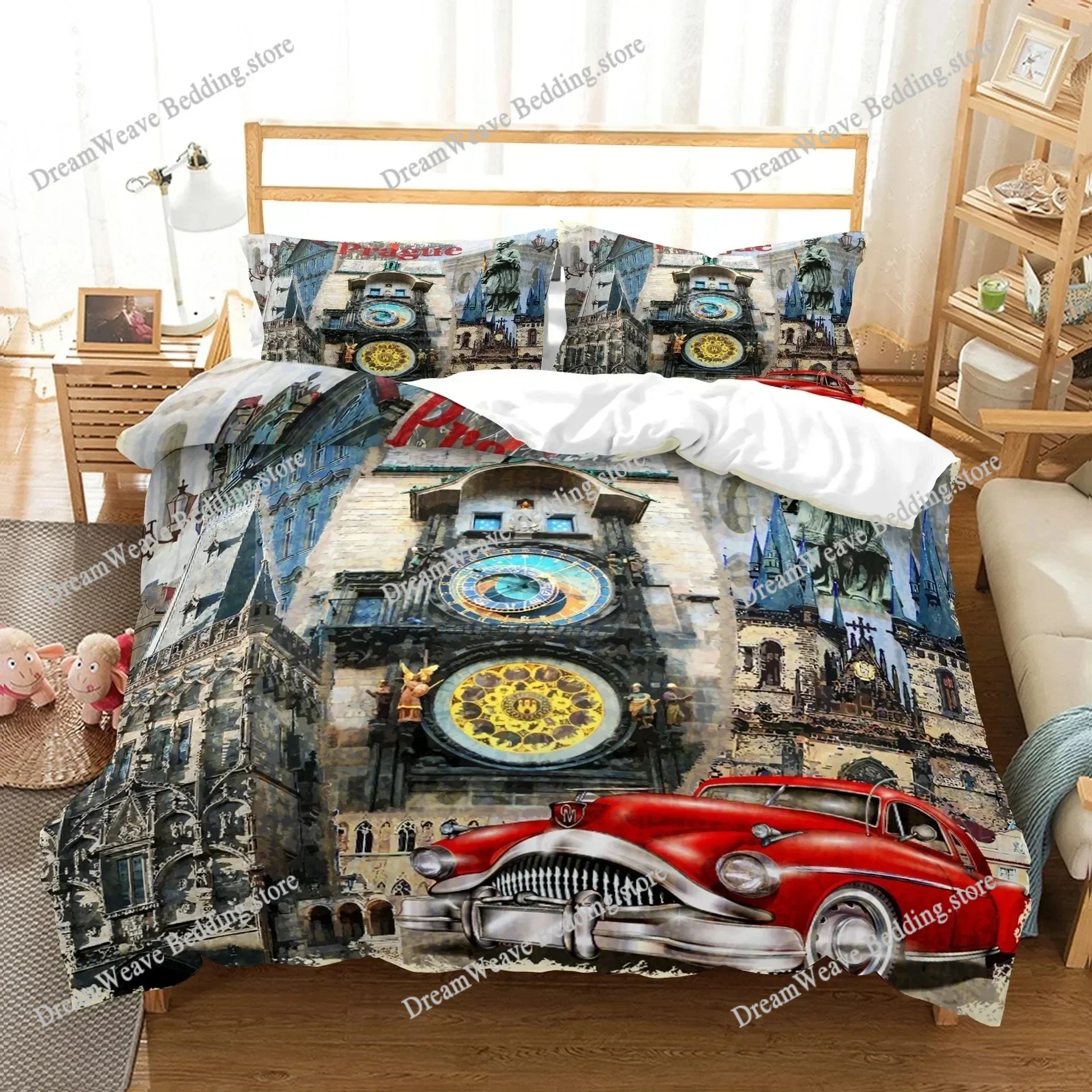 

New York Statue of Liberty Duvet Cover KingQueen Size Retro Car Nostalgic 50s Polyester Bedding Set,Vintage Car Quilt Cover741