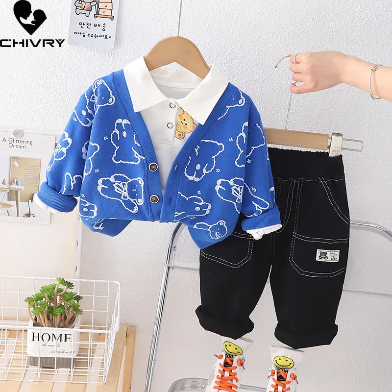 Boys Fashion Clothing Sets New 2023 Kids Spring Cartoon Bear Knit Cardigan Tops with Jeans Children Casual Three-piece Sets