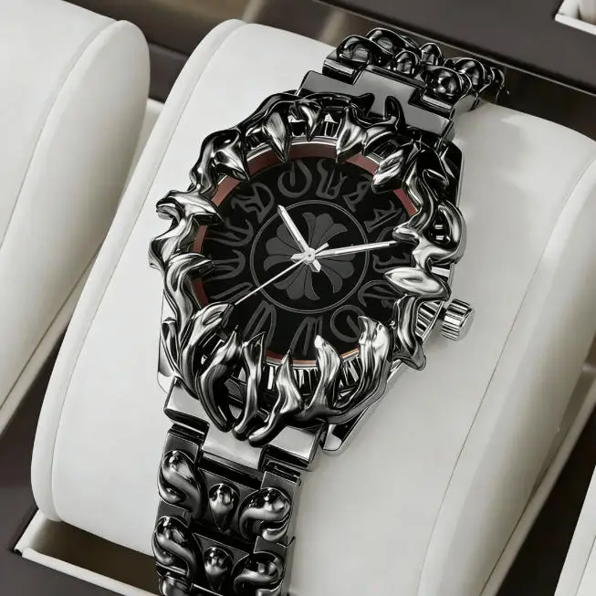 CILOA-Men's Gothic Quartz Wrist Watch, Vintage Hollow Flame Shape Case, Metal Link Bracelet Punk Casual Watch-1453
