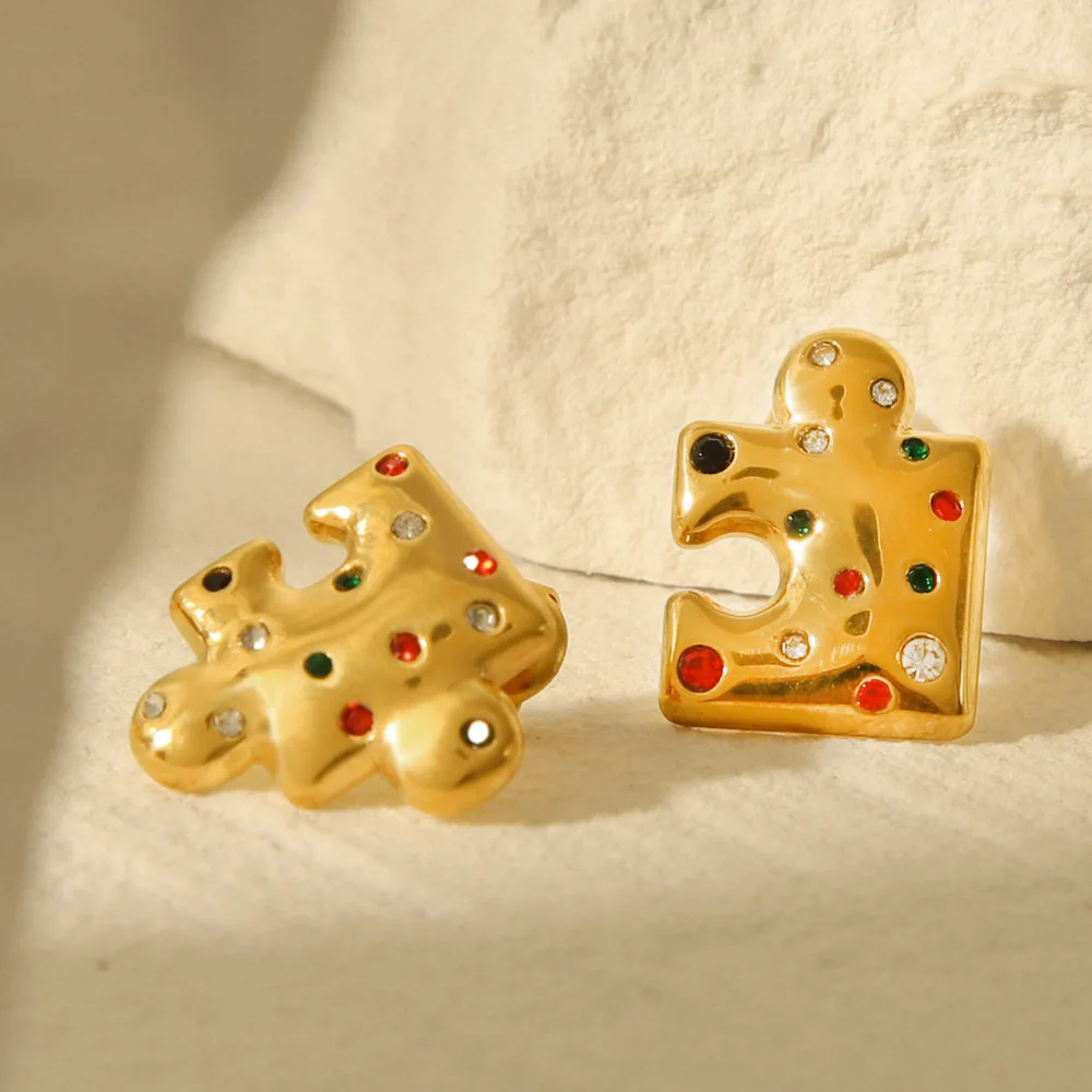18k Gold Plated Stainless Steel Earrings Puzzle Inlaid Diamond Earrings Women's Titanium Steel Ear Jewelry