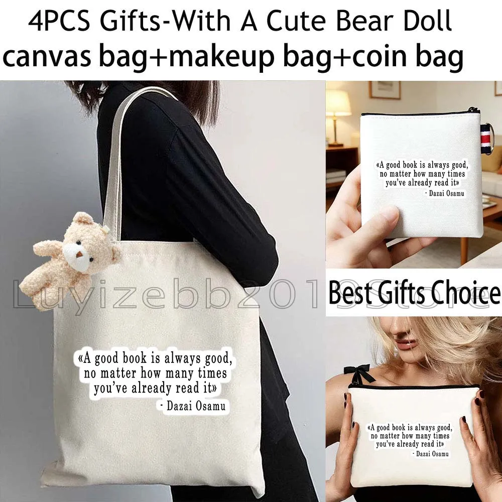 4PCS Book Reading Lover Quotes Gifts Fashion Canvas Tote Bag Cotton Handbag,Cosmetic Makeup Bag,Coin Purse Wallet Zipper Pouch