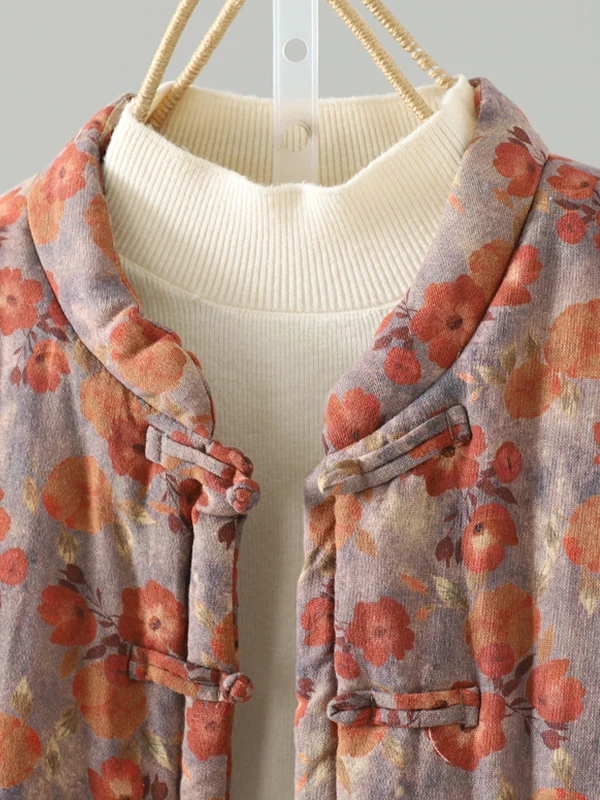 

Женская теплая верхняя одежда из хлопка в стиле ретро Sle Thiened, зимняя модная одежда свободного покроя с длинным воротником-стойкой и принтом