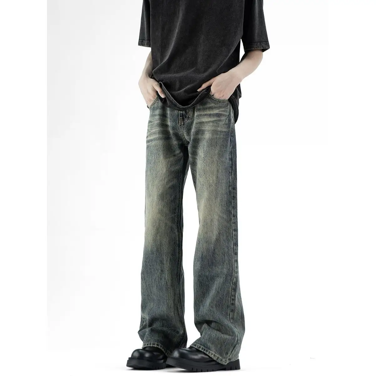 

American High Street Cleanfit Vintage Washed Men's Straight Leg Jeans Trendy Slimming Long Trousers Youth Summer Casual Denim