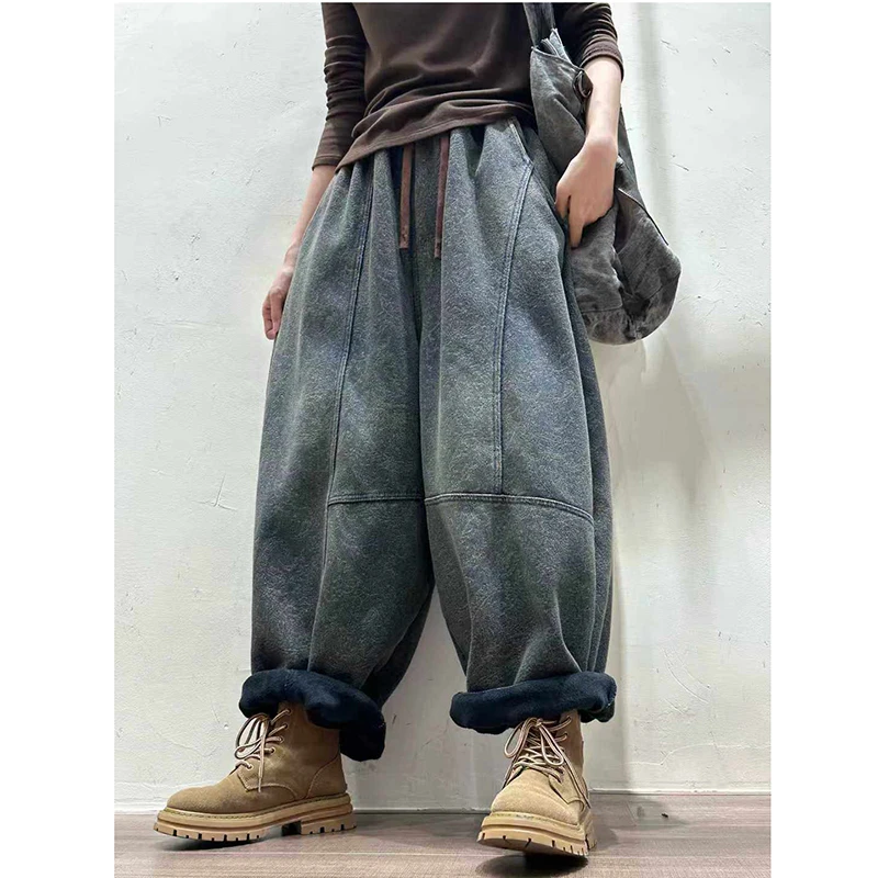 New Arrival Winter Women Loose Fit Casual Cotton Denim Warm, Thickened Ankle-length Pants Jeans Elastic Waist Wide Leg Jeans M91