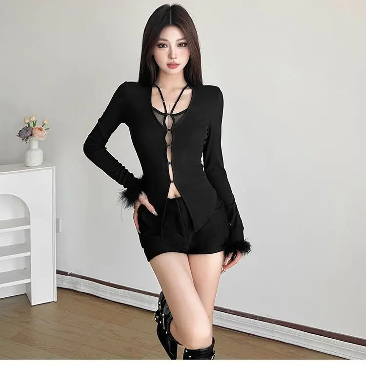 Plush Patchwork Hollow Out Pullover Slim Fit T-shirts Fleece Graphic T Shirts Crop Top Ropa Mujer Harajuku T-shirts Camisetas
