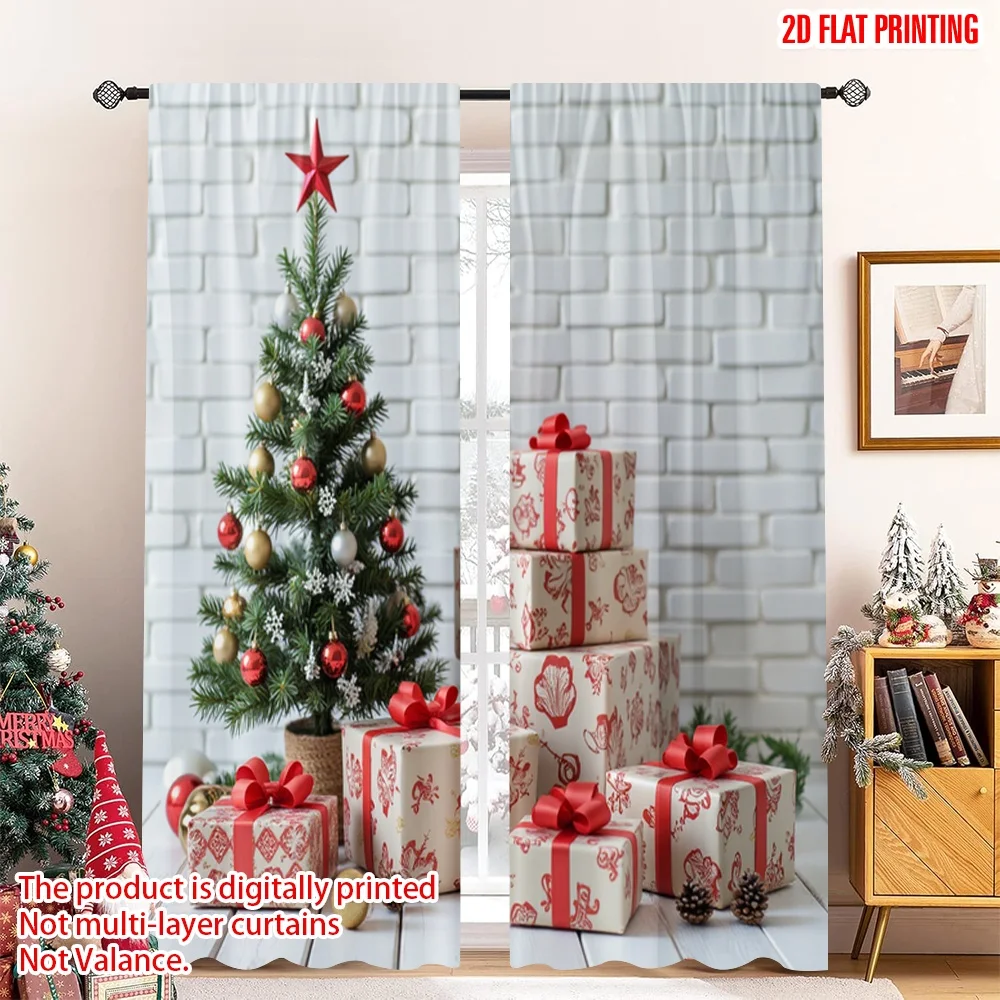 

2pcs 2D flat printing Merry Christmas Scene Curtains Christmas Tree Red Golden Ornaments Polyester Without Electricity Holiday