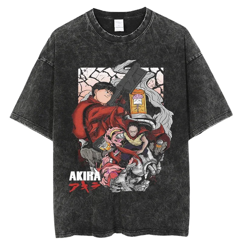 Japanese Anime Akira Streetwear Casual Harajuku Cotton Men O-Neck Short Sleeve Tshirt Unisex Top Vintage Washed T-shirt